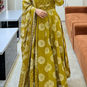 Home Tharvi Golden Olive Anarkali Suit with Mirror Work