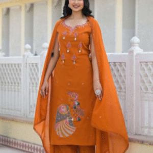 Tharvi Rusty Orange Indian A line Kurta Set with Embroidered Motifs