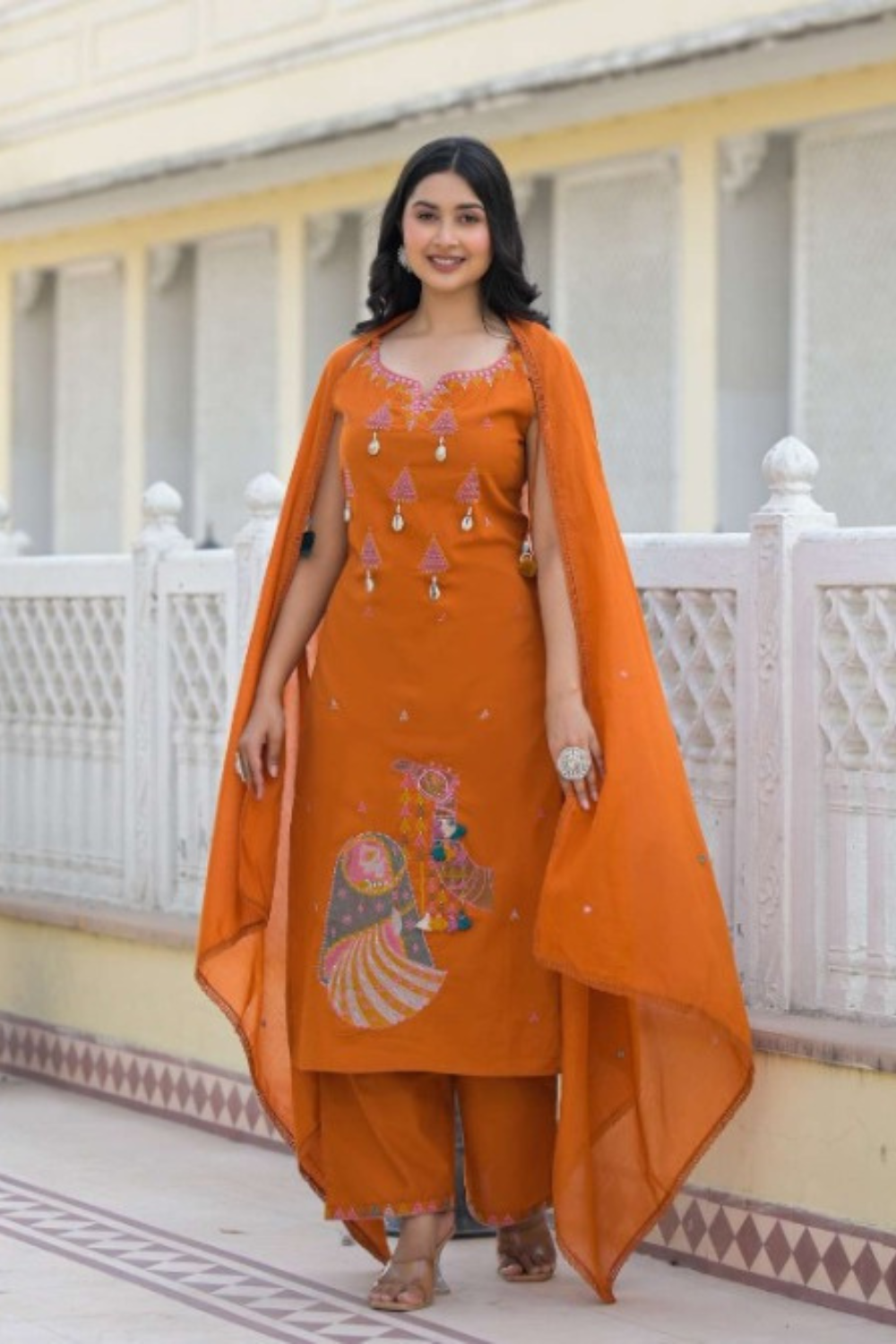 Tharvi Rusty Orange Indian A line Kurta Set with Embroidered Motifs Tharvi Rusty Orange Indian A line Kurta Set with Embroidered Motifs