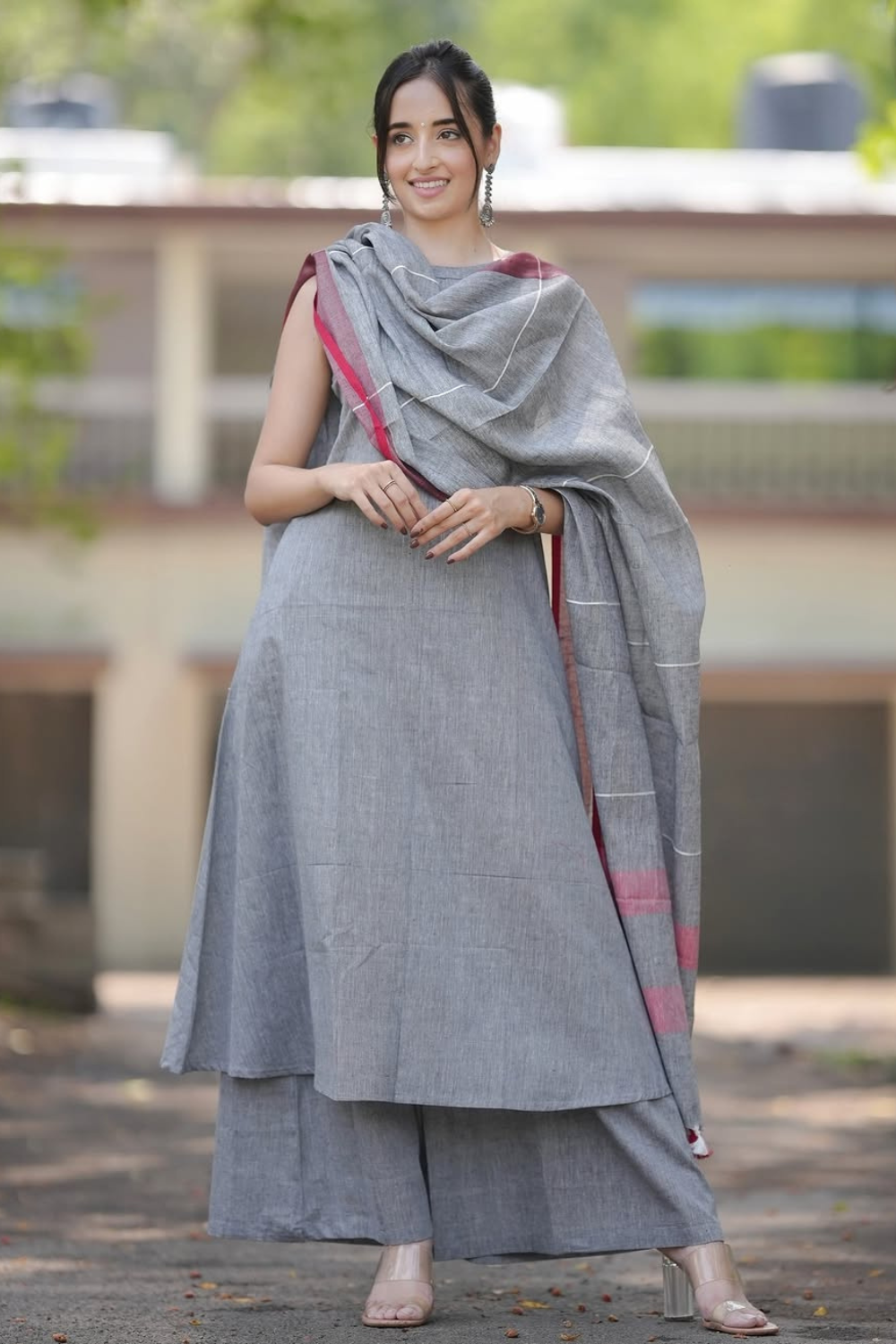 tharvi elegant grey cotton handloom suit set with dupatta | minimal & timeless charm tharvi elegant grey cotton handloom suit set with dupatta | minimal & timeless charm