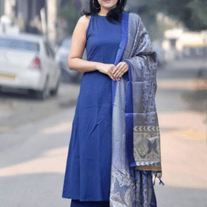 Collections midnight sapphire silk ensemble | elegant indian kurta set with brocade dupatta