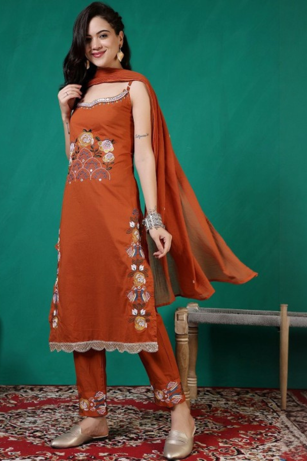2 Tharvi Rusty Orange Indian A line Kurta Set with Embroidered Motifs - Image 2