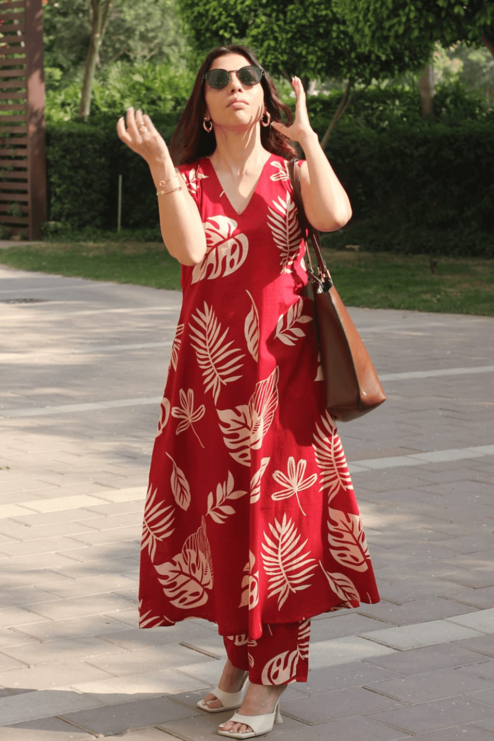 2 Tharvi Tropical Breeze Co-ord Set | Summer Dress with Red Sleeveless Outfit - Image 2