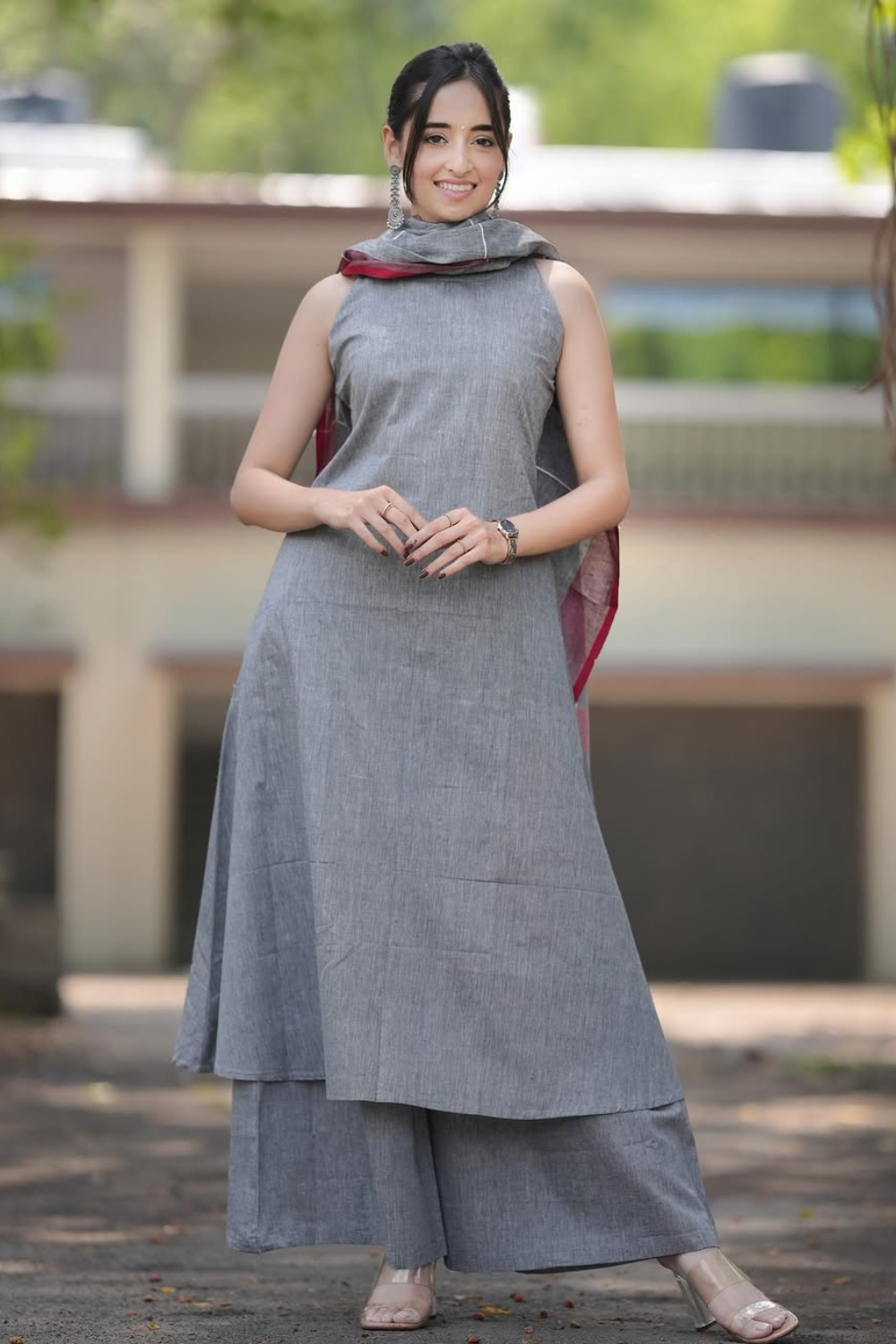 tharvi elegant grey cotton handloom suit set with dupatta | minimal & timeless charm tharvi elegant grey cotton handloom suit set with dupatta | minimal & timeless charm