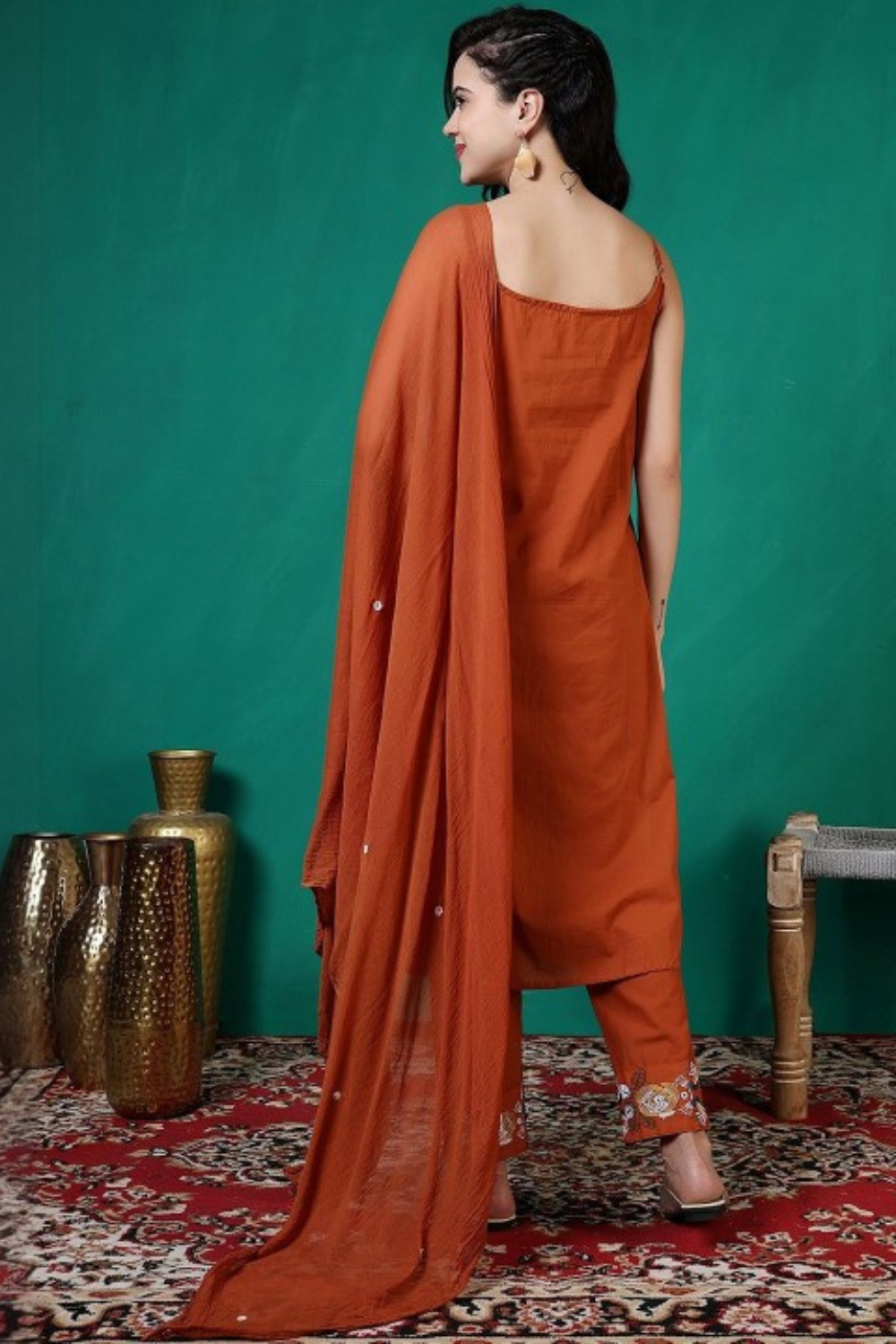 4 Tharvi Rusty Orange Indian A line Kurta Set with Embroidered Motifs - Image 5