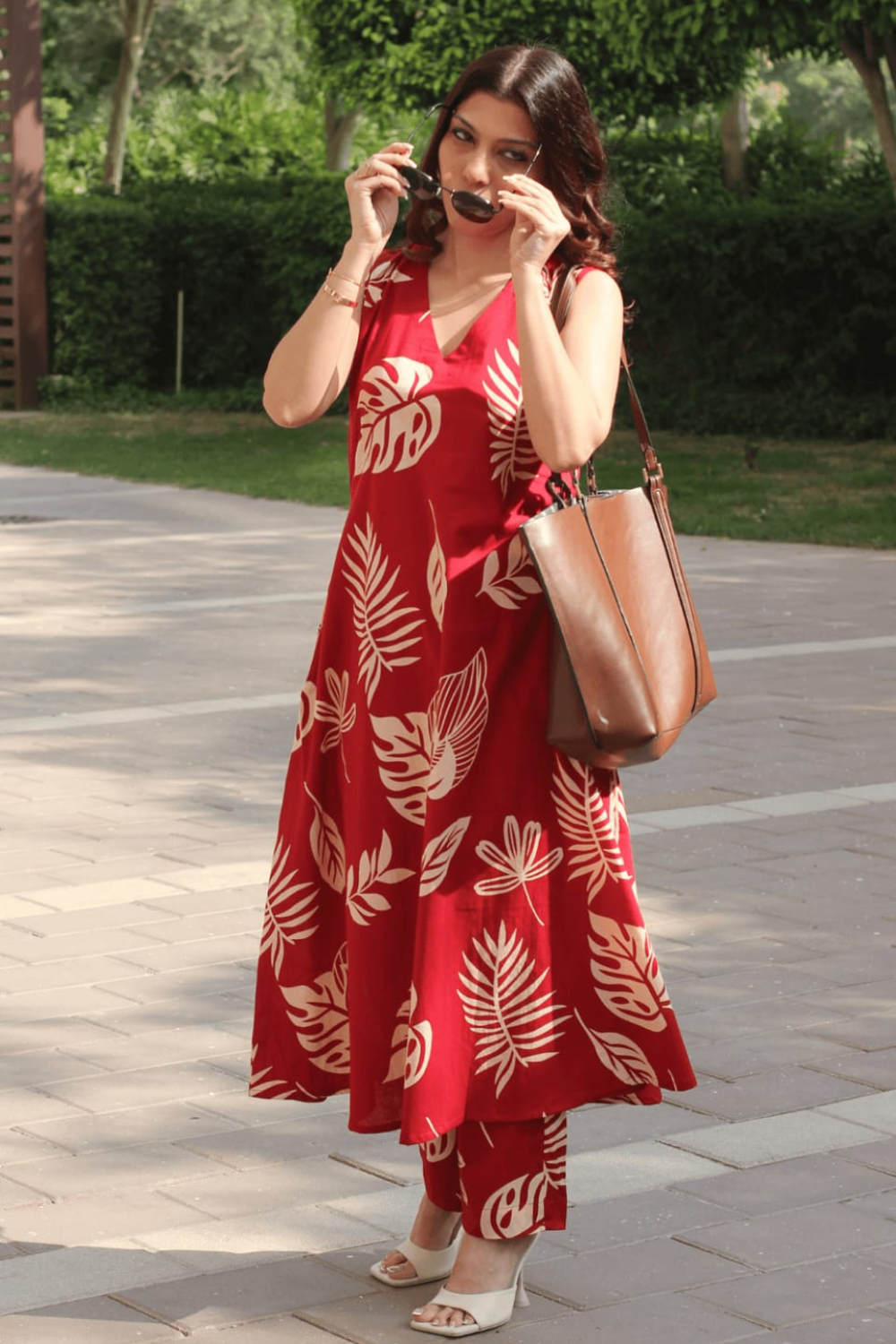4 Tharvi Tropical Breeze Co-ord Set | Summer Dress with Red Sleeveless Outfit - Image 4