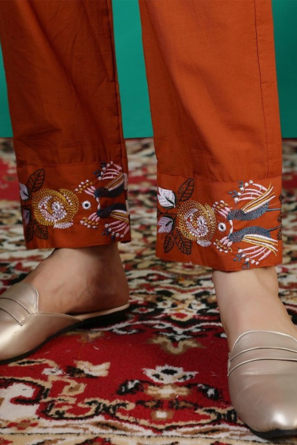 5 Tharvi Rusty Orange Indian A line Kurta Set with Embroidered Motifs - Image 4