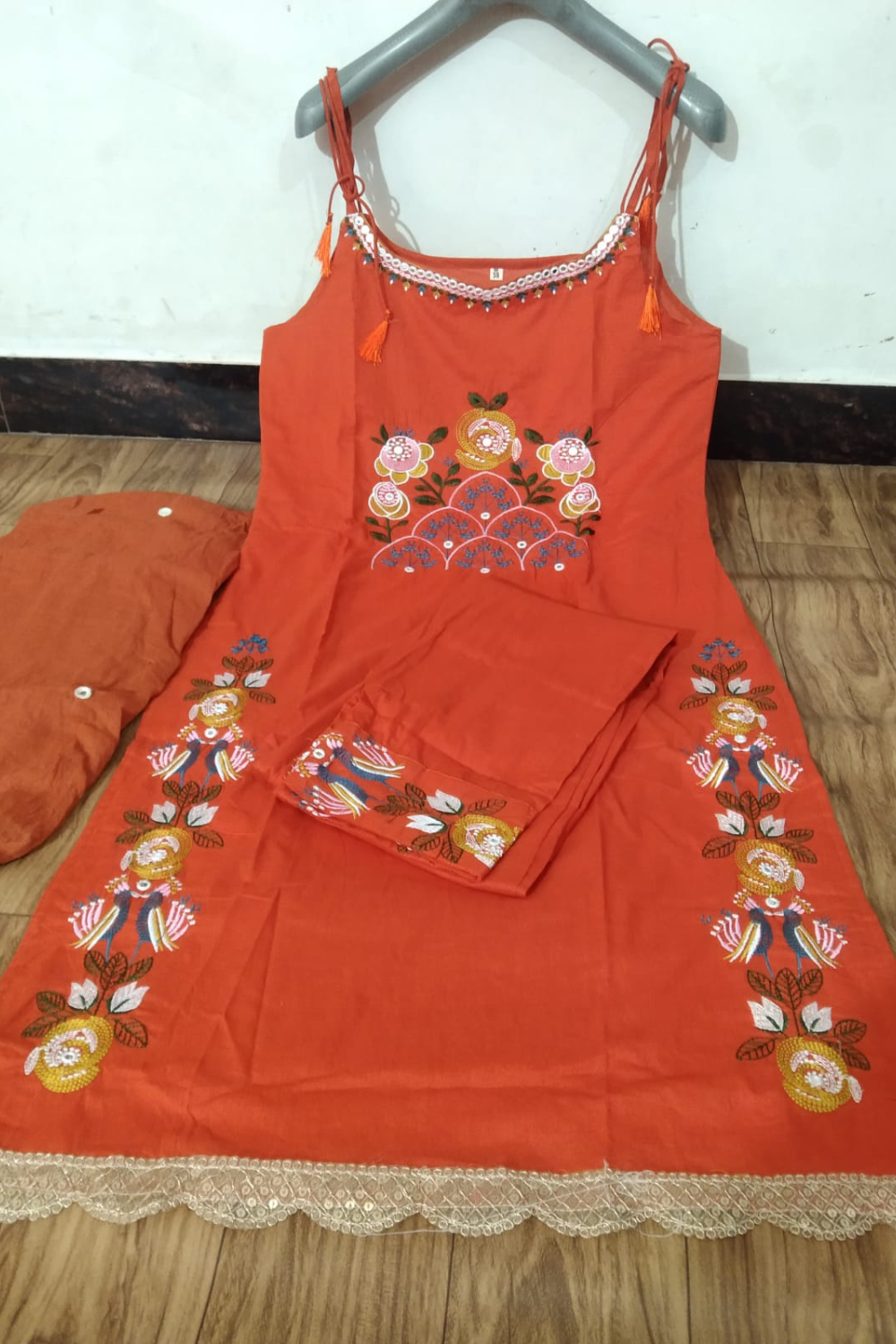 6 Tharvi Rusty Orange Indian A line Kurta Set with Embroidered Motifs - Image 3