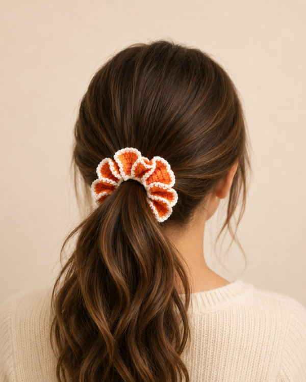 Beautiful Tharvi Tangerine Bloom Crochet Scrunchie – Handmade Hair Accessory ✨🧡