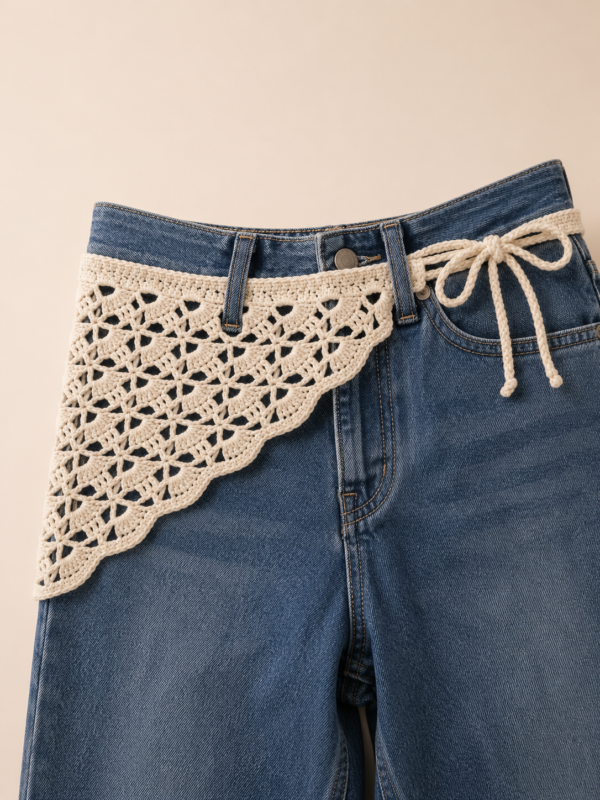 Tharvi Cream Crochet Bandana – Multi-Purpose Hair Scarf & Denim Waist Belt ✨
