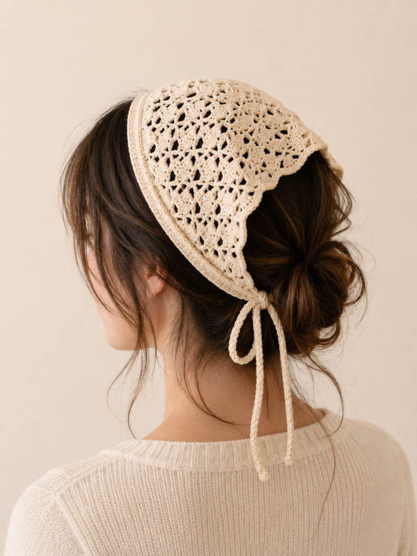 Tharvi Cream Crochet Bandana – Multi-Purpose Hair Scarf & Denim Waist Belt ✨