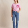 Tharvi Pink Crochet Pocket T-Shirt for Women | Handmade Crochet Patch 4 White Flowers