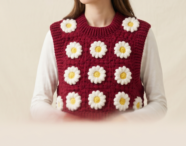 Tharvi Daisy Crochet Top – Vintage Maroon Sweater Vest 🌸