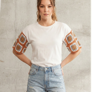Tharvi Crochet Sleeve T-Shirt with Handmade Sleeves