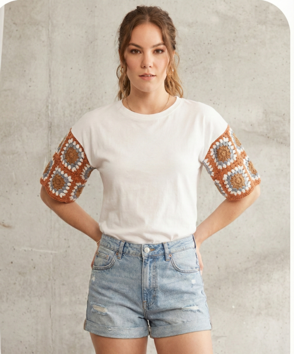 Tharvi Crochet Sleeve T-Shirt with Handmade Sleeves